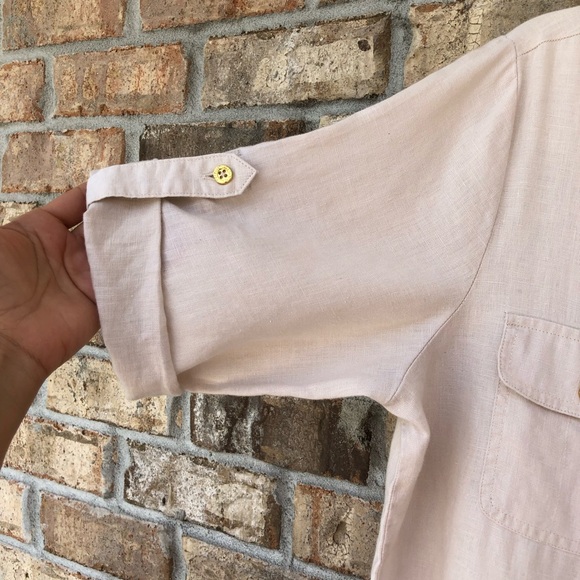 Ellen Tracy 100% Linen 1/4 Zipper Cuffed Short Sleeve Light Tan Tunic Top L - Picture 6 of 15